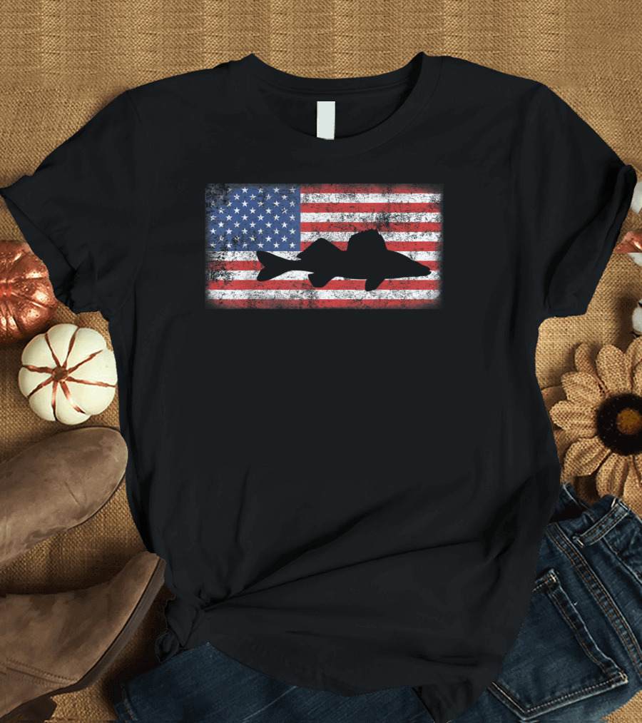 Vintage Retro American Flag Walleye T-Shirt