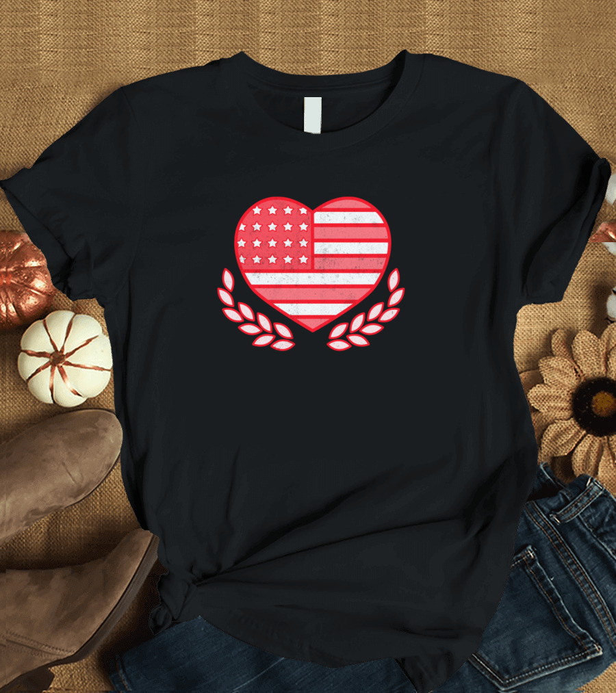 Happy 4Th Of July American Flag Heart with Laurel Branches T-Shirt