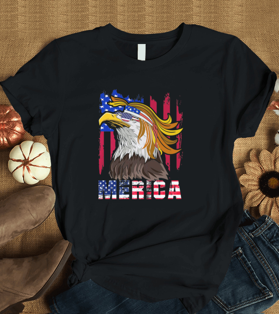 Merica 4th of July Bald Eagle with USA Bandana and Mullet T-Shirt