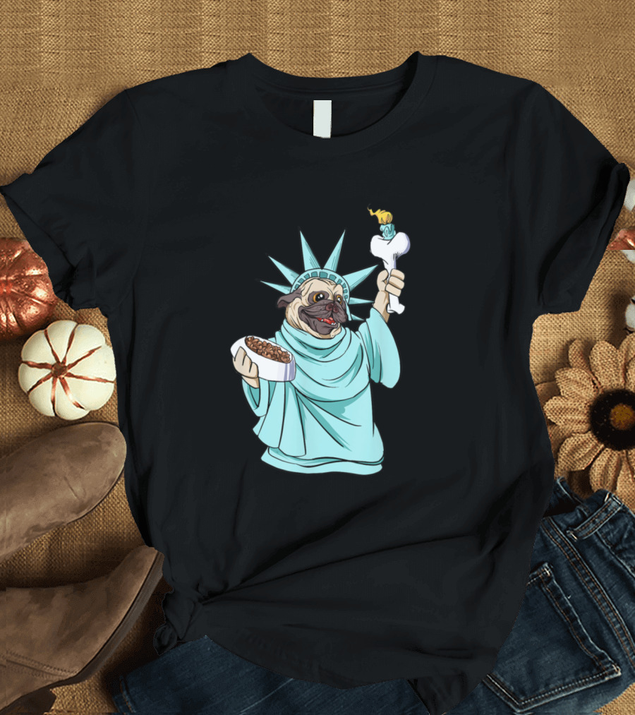 Pug Statue Of Liberty Funny 4th Of July Independence Day Dog Holding Food and Bone Torch T-Shirt