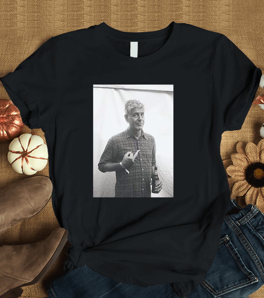 Anthony Bourdain Middle Finger Photo Holding Beer T-Shirt