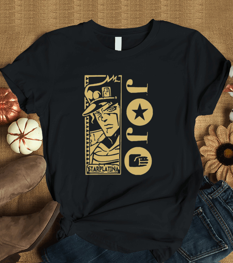 Jojo Star Platinum Graphic Featuring Character Portrait and Iconic Symbols T-Shirt