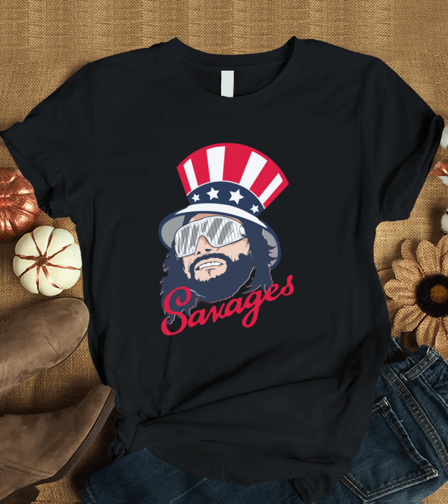 Savage Macho Man in Patriotic Hat with Star Stripes T-Shirt