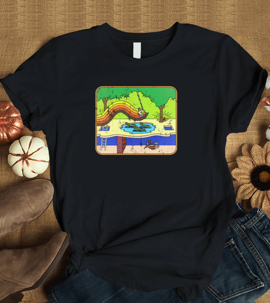 Pixel Adventurer Retro Poolside Slide with Crocodile Encounter T-Shirt