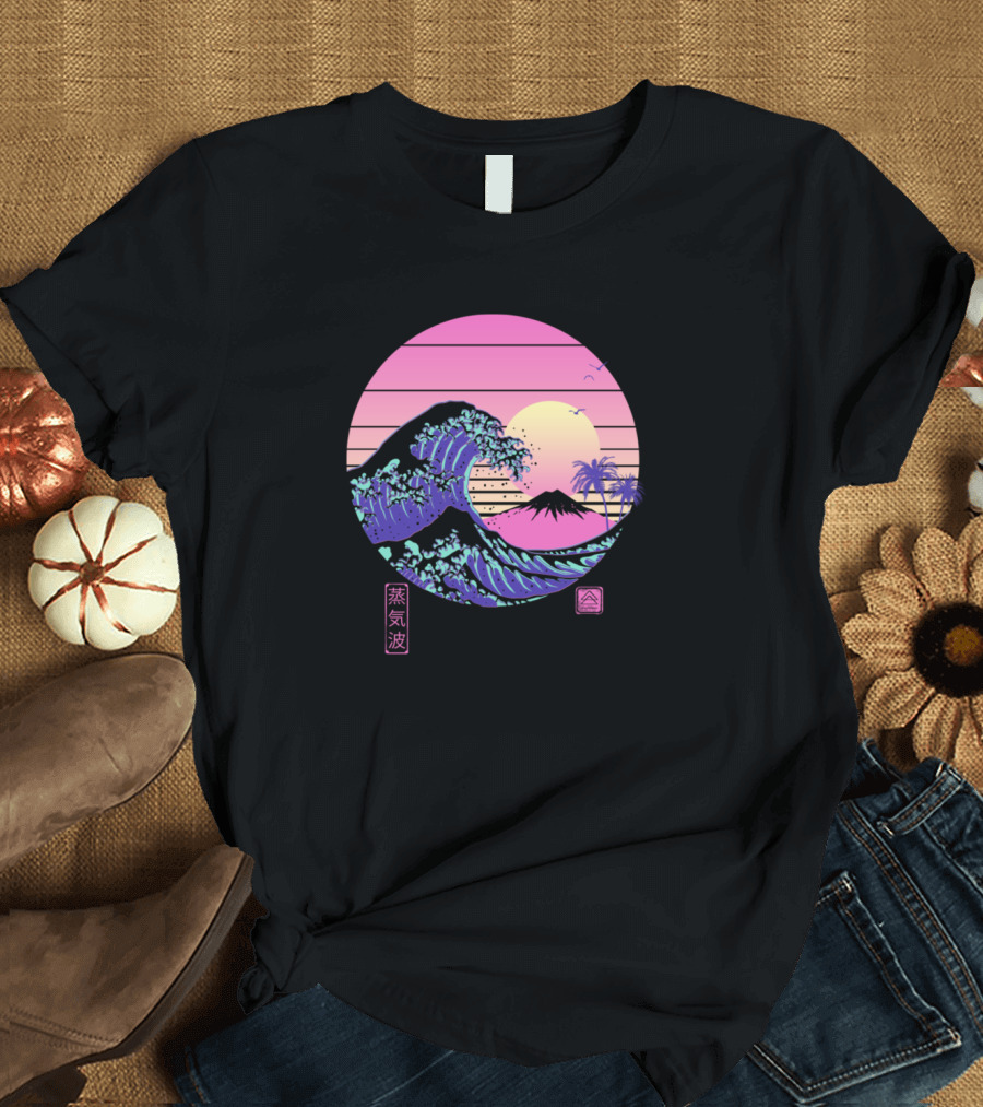 The Great Vaporwave Japanese Sunset Wave with Palm and Mountain T-Shirt