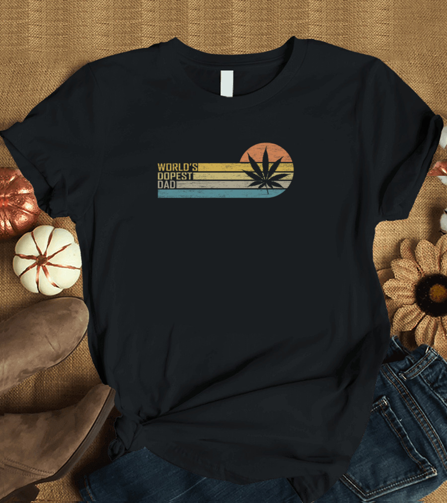 Worlds Dopest Dad Vintage Sunset Cannabis Leaf Retro Stripes T-Shirt