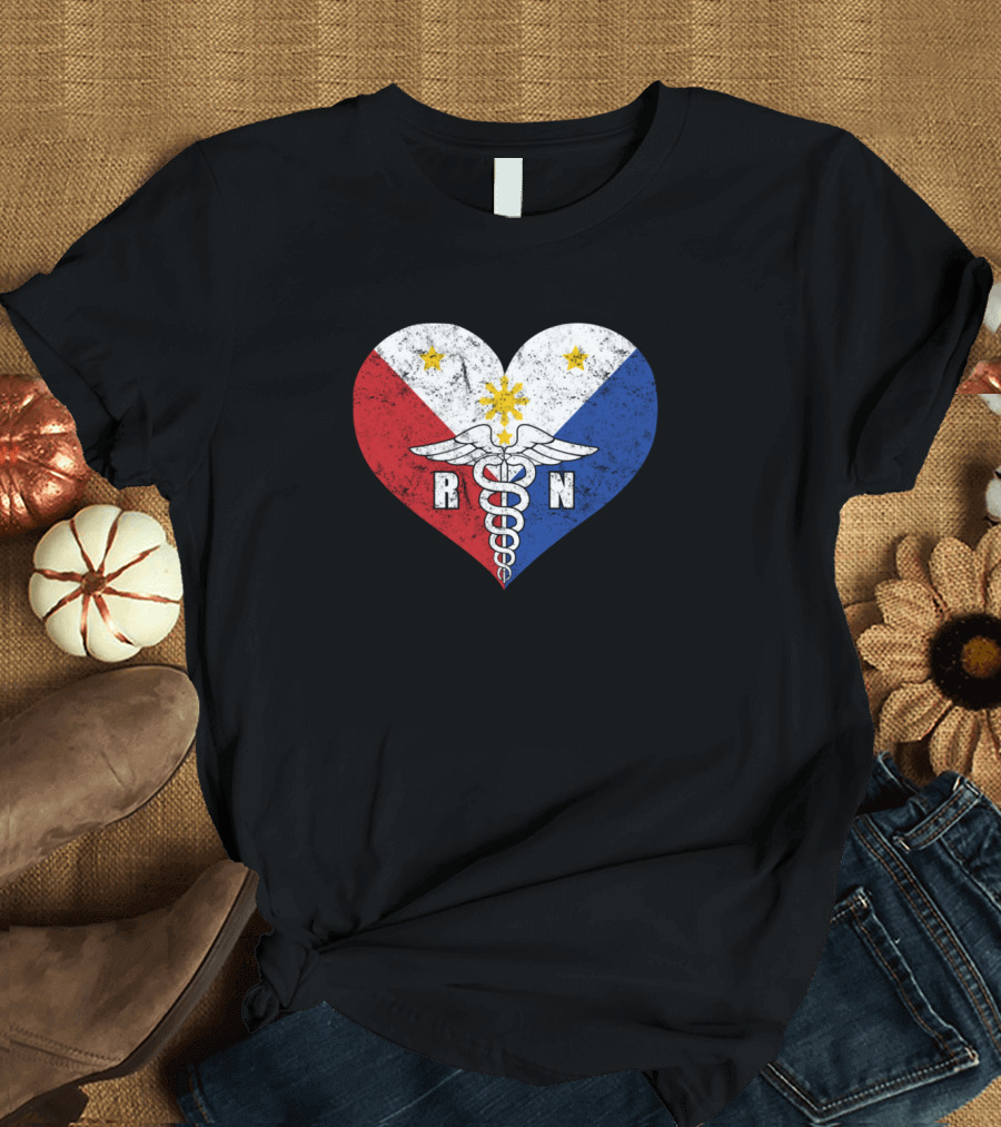Filipino RN Nurse Heart with Flag and Caduceus T-Shirt