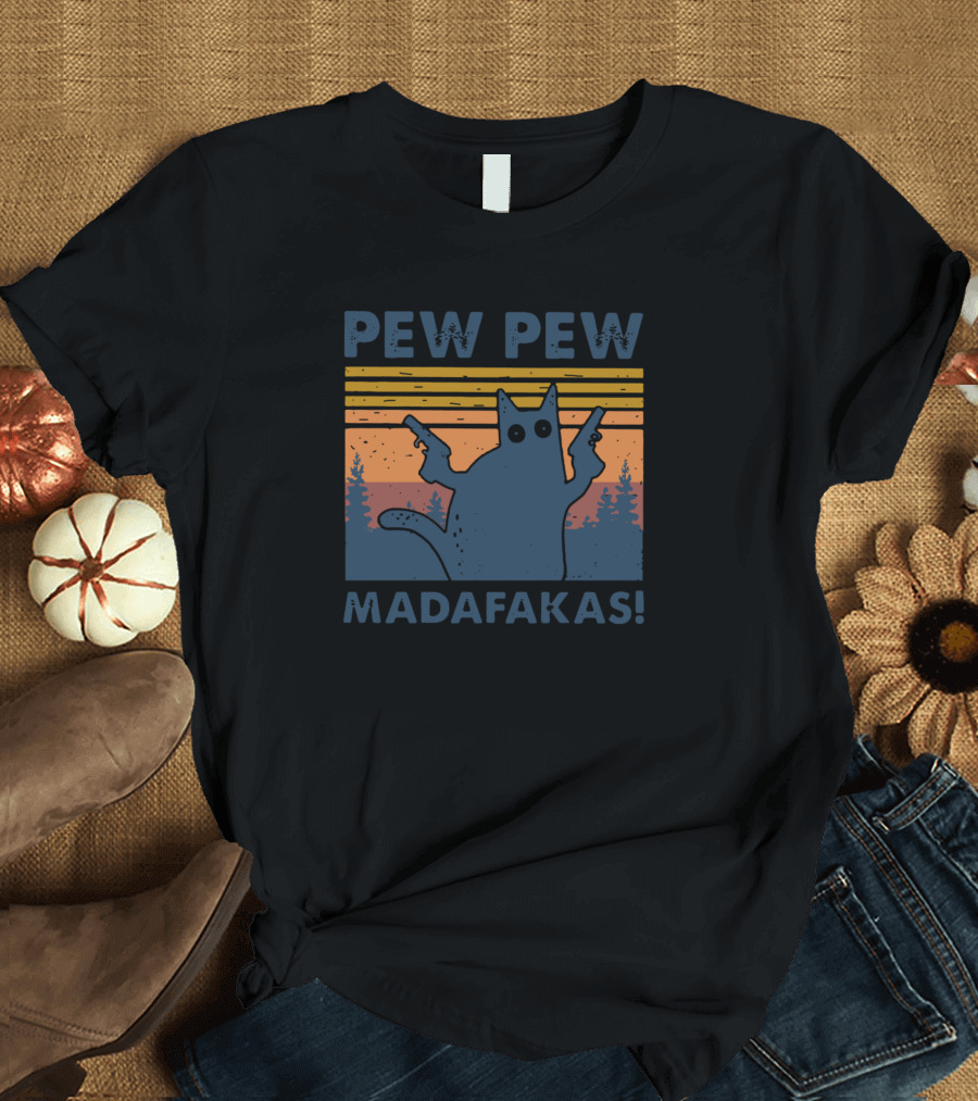 Pew Pew Madafakas Cat Vintage Forest Sunset T-Shirt