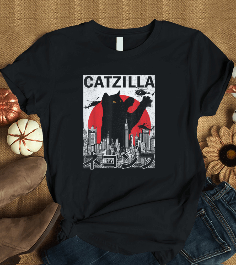Catzilla Japanese Vintage Sunset Towering Over Cityscape T-Shirt