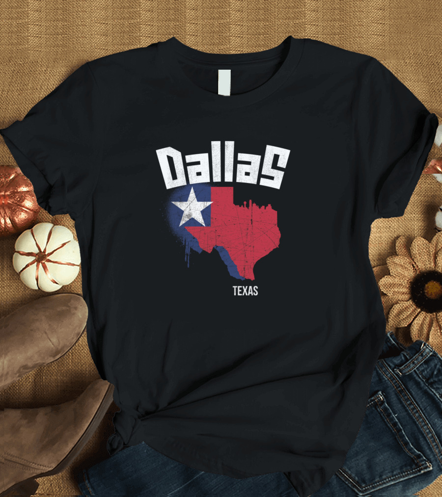 Dallas Texas Map with Lone Star Flag T-Shirt