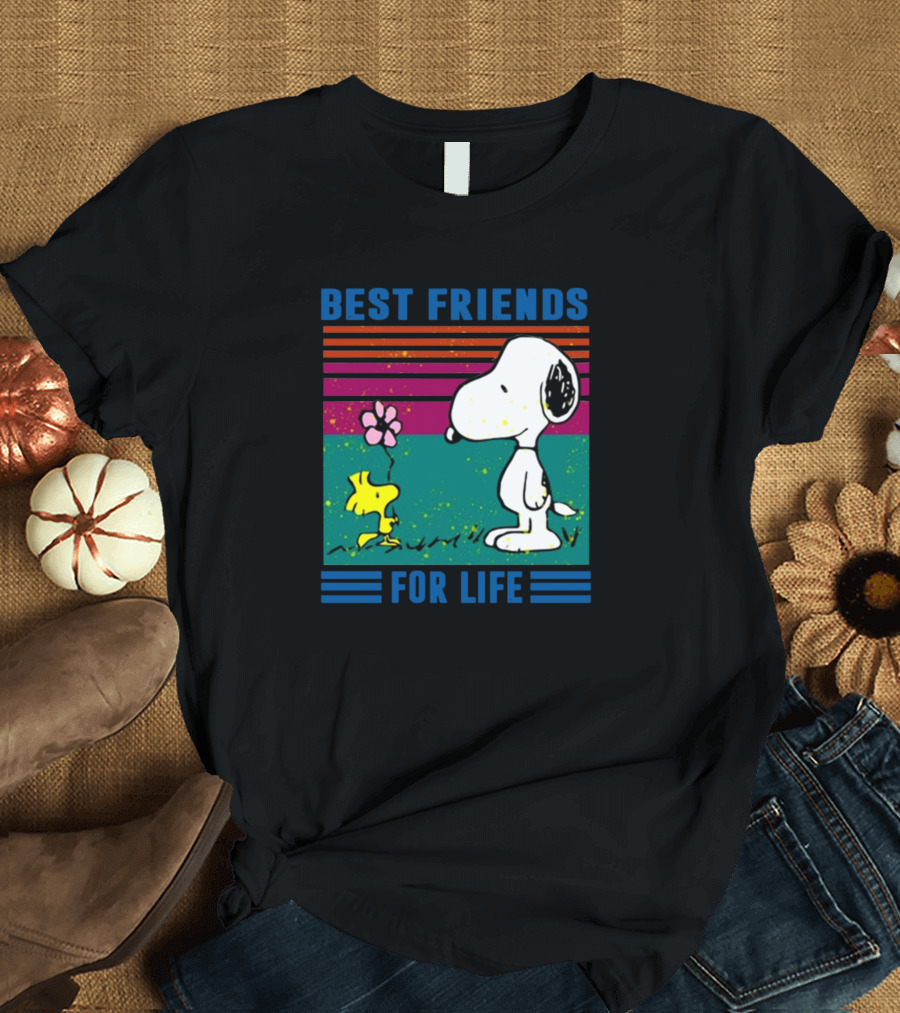 Best Friends For Life Snoopy And Woodstock Flower Retro Stripes T-Shirt