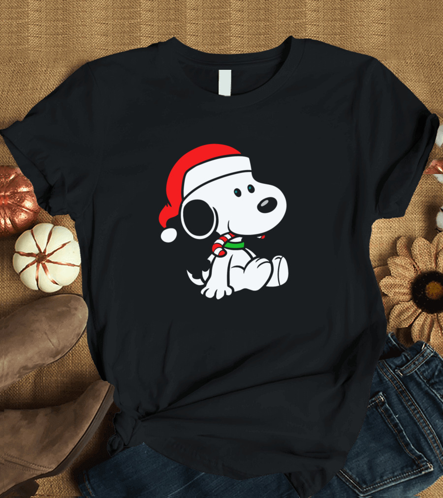 Snoopy Christmas Candy Cane Santa Hat Peanuts T-Shirt