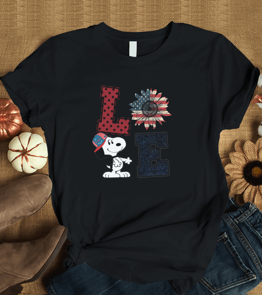 Love Snoopy Sunflower American Flag T-Shirt