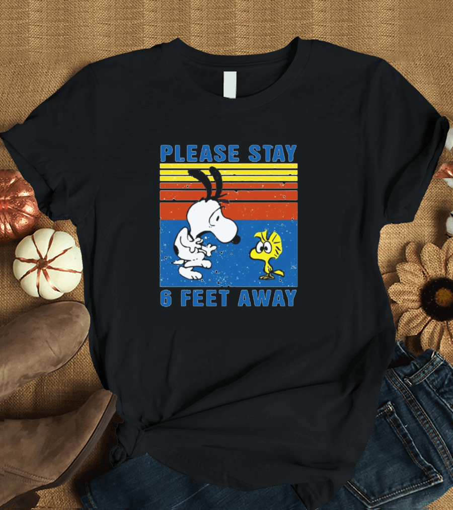 Snoopy Woodstock Please Stay 6 Feet Away Retro Stripes T-Shirt