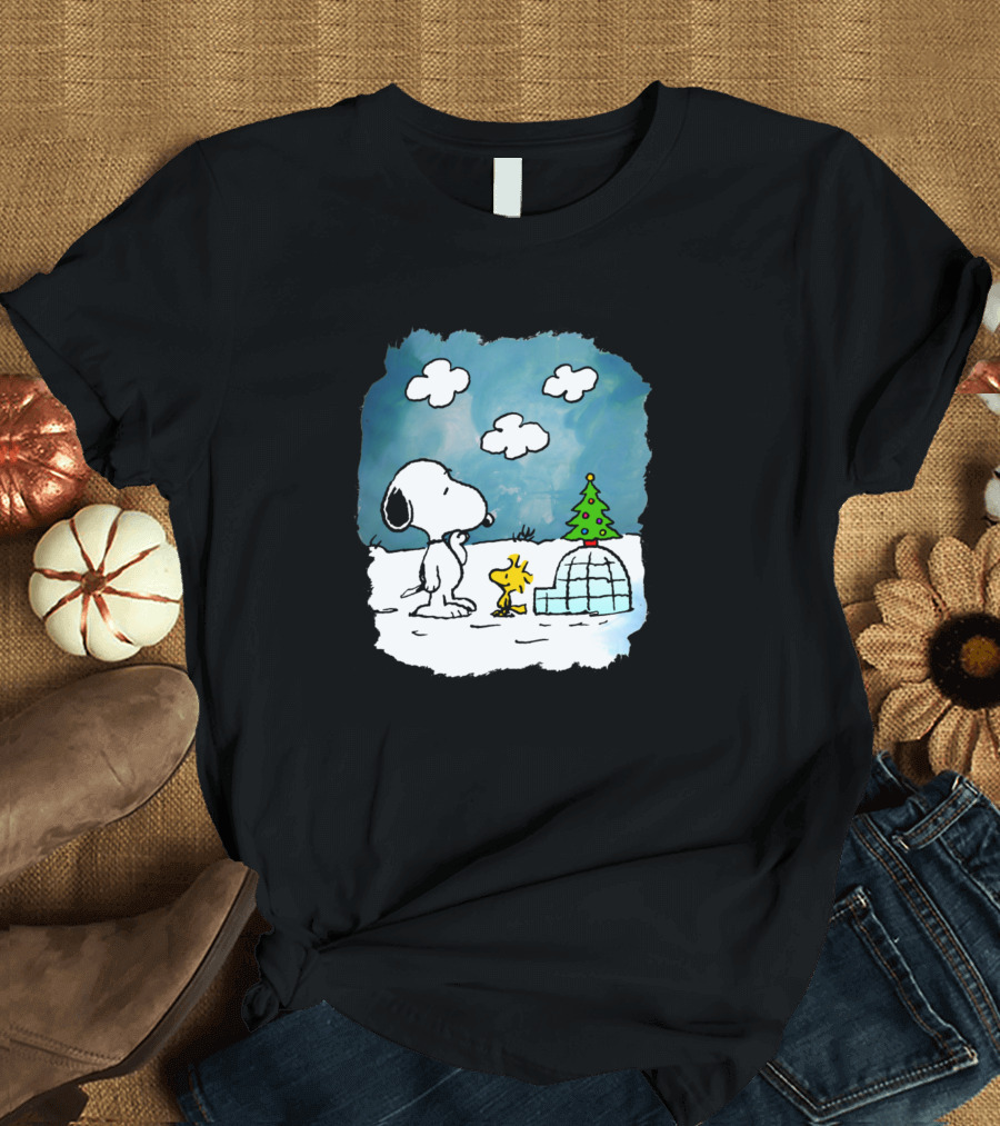 Snoopy and Woodstock with Igloo and Christmas Tree in Snow Scene T-Shirt