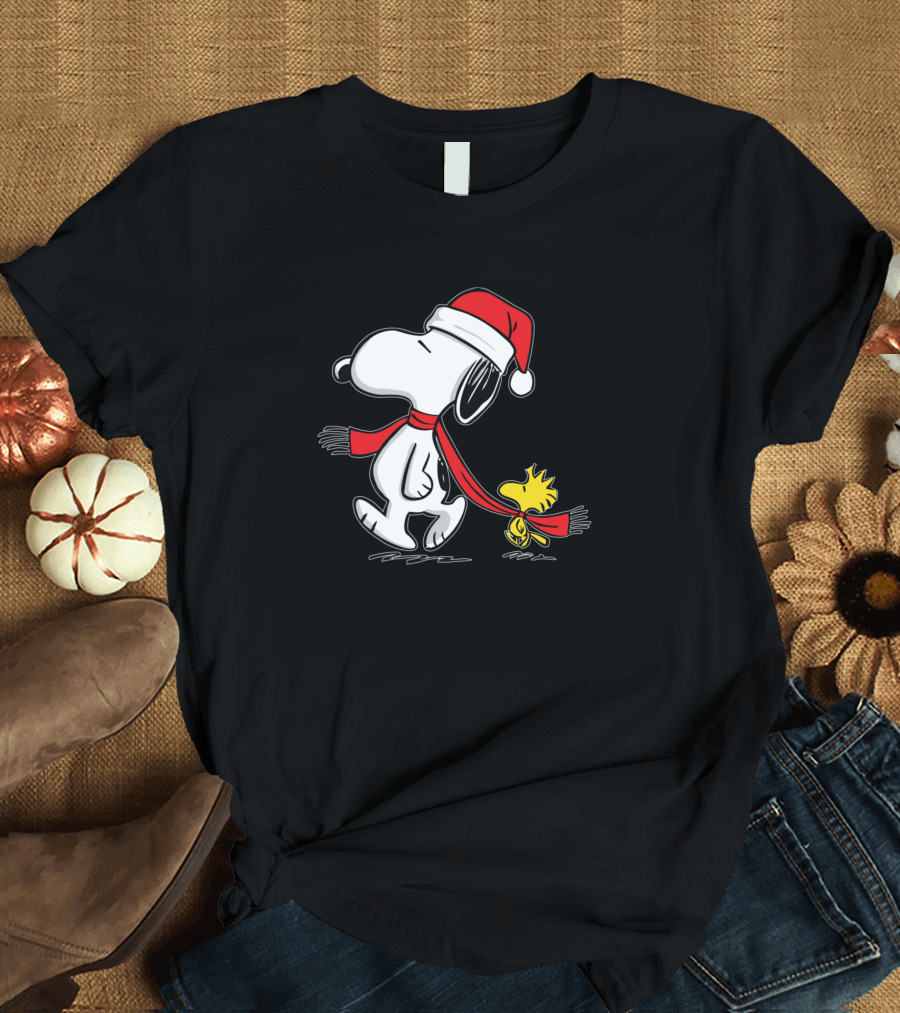 Snoopy and Woodstock Christmas Santa Hat and Scarf T-Shirt