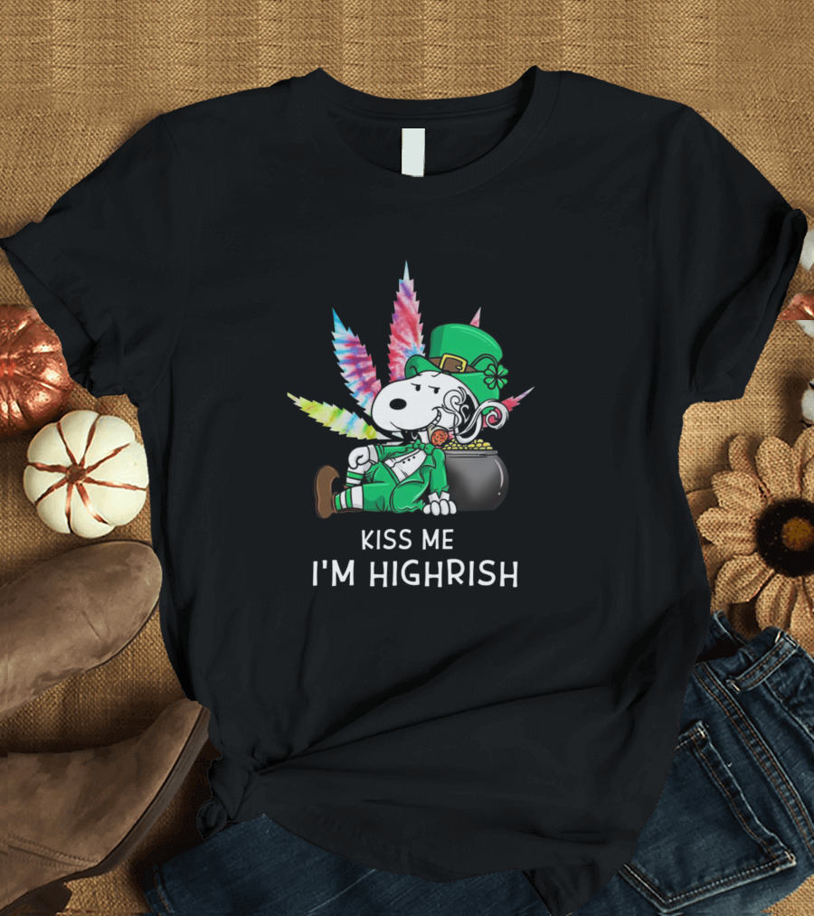 Kiss Me I'm Highrish Snoopy with Leprechaun Hat and Cannabis Leaves T-Shirt