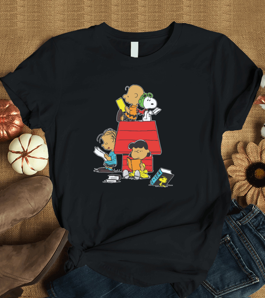 Snoopy and Peanuts Characters Reading on Doghouse T-Shirt
