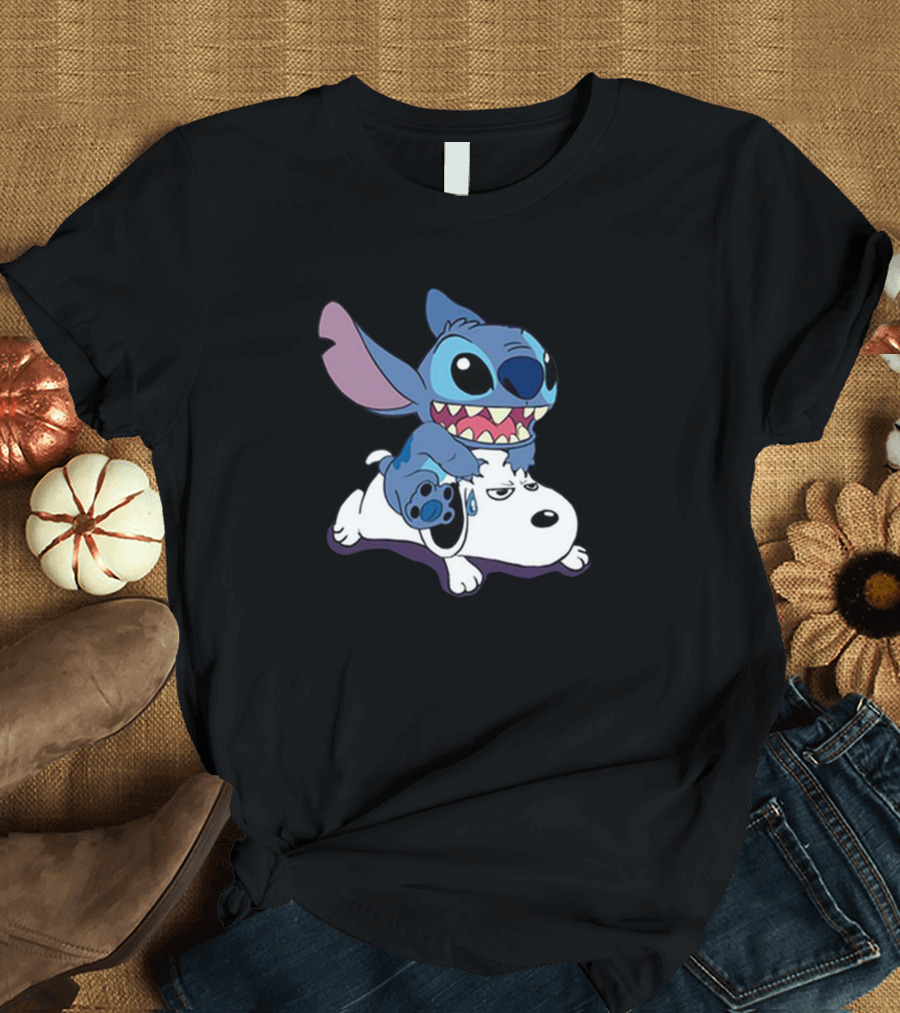 Stitch Riding Snoopy Characters Crossover T-Shirt