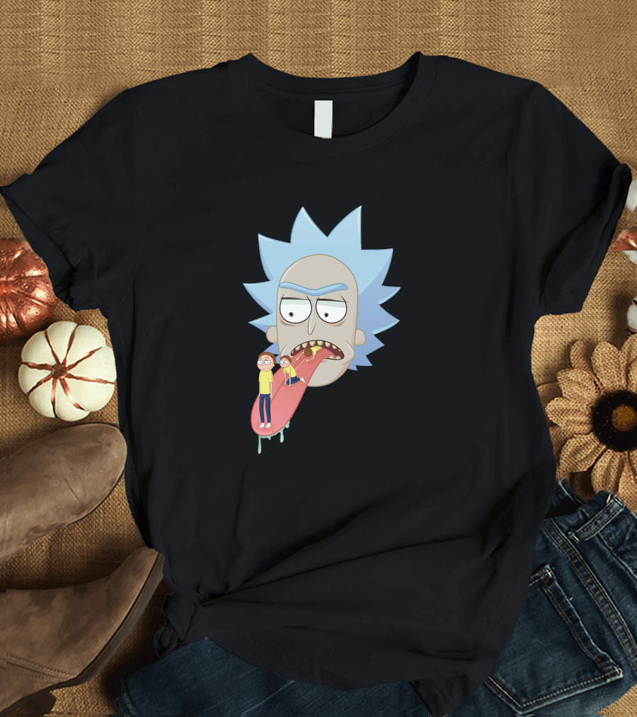 Evolution of Morty Rick and Morty Head with Multiple Mortys on Tongue T-Shirt