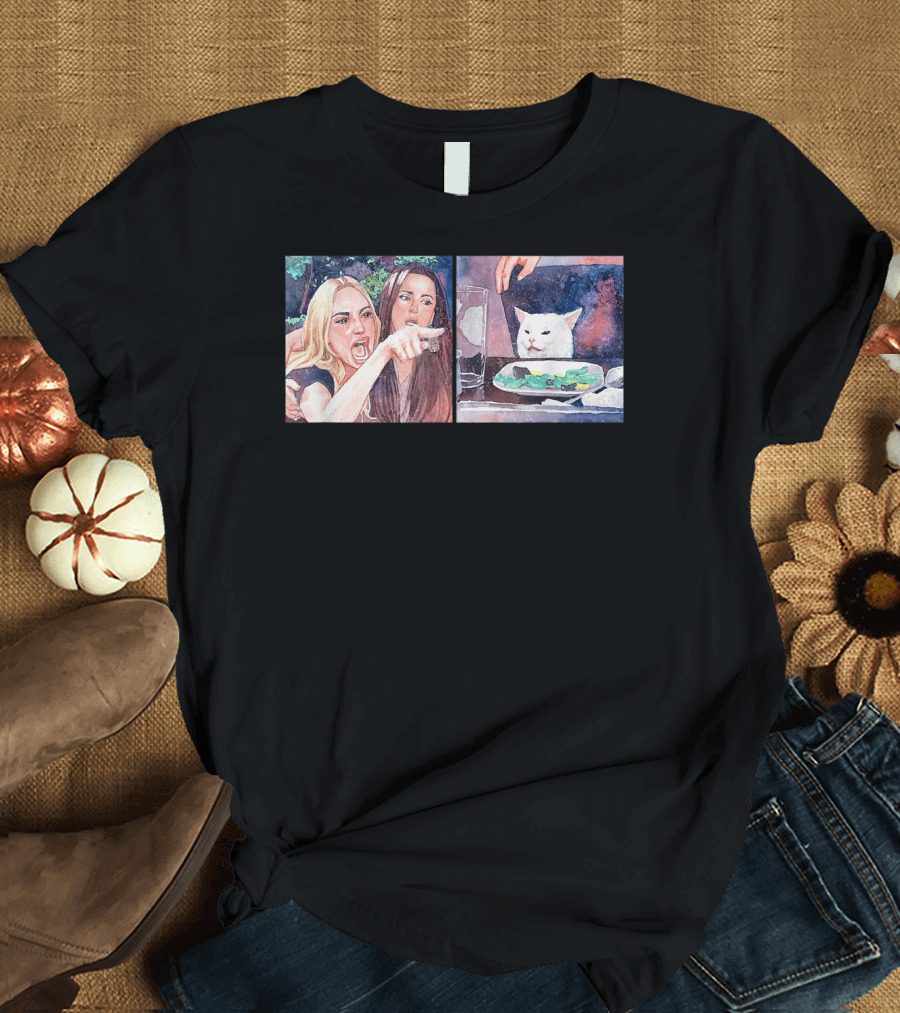 Angry Women Pointing at Indifferent Cat Sitting at Dining Table T-Shirt