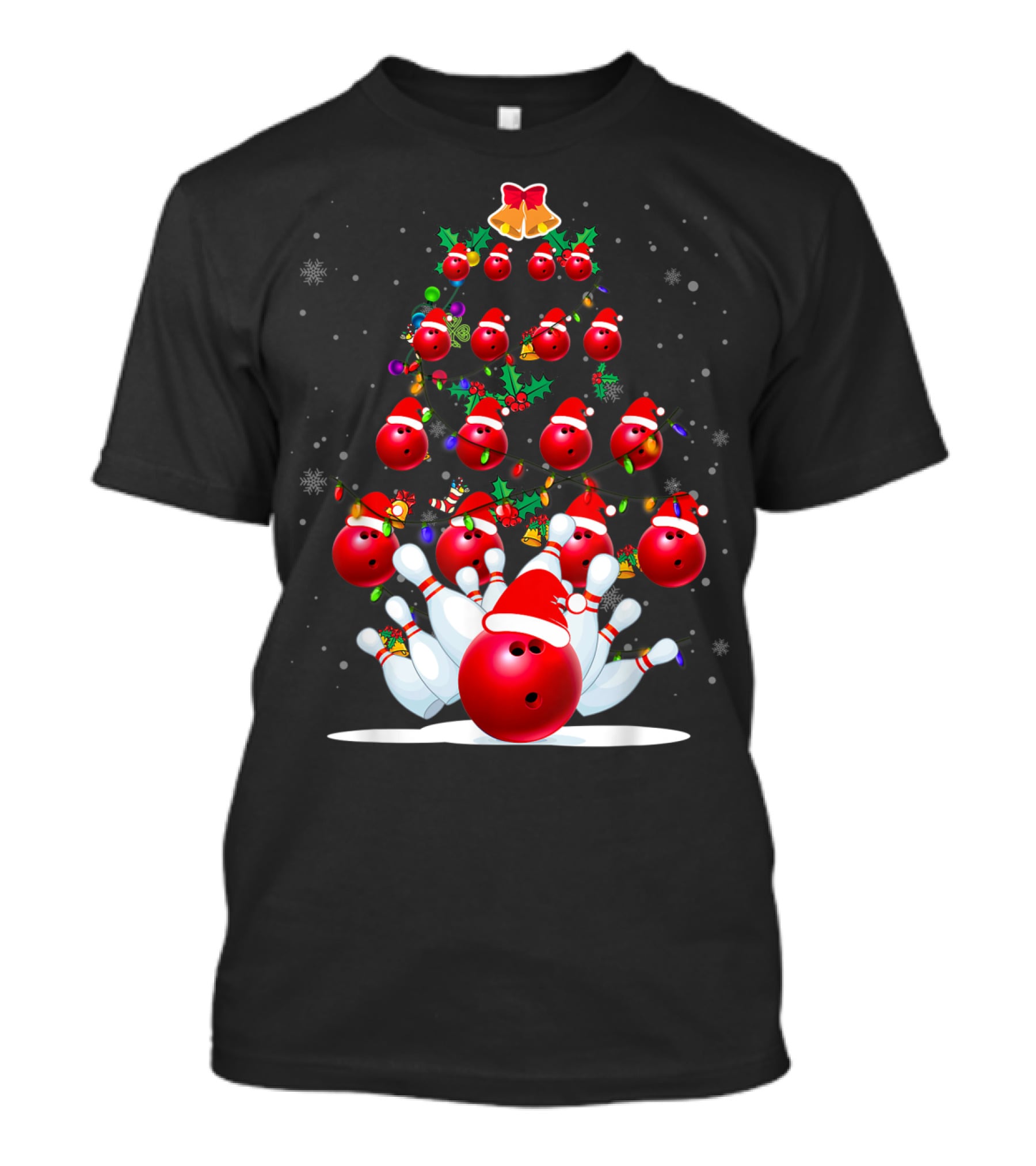 Bowling Ball Christmas Tree With Santa Hats And Snowflakes T-Shirt