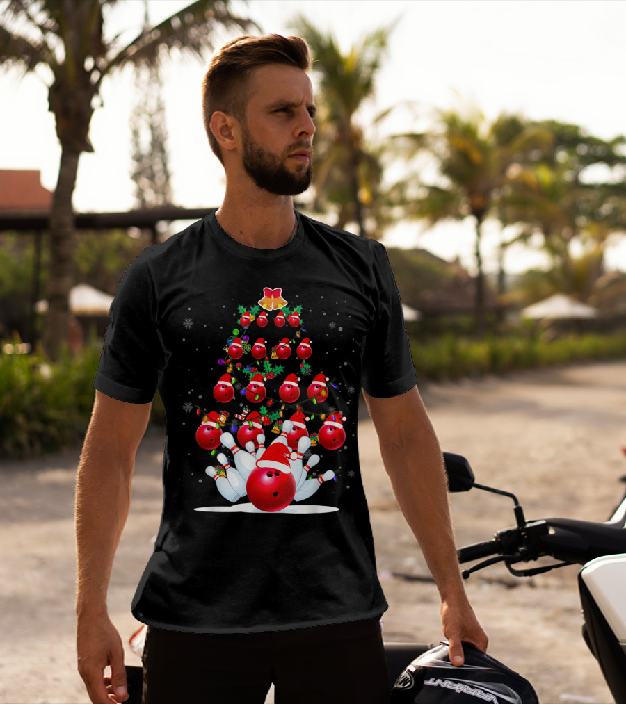 Bowling Ball Christmas Tree With Santa Hats And Snowflakes T-Shirt