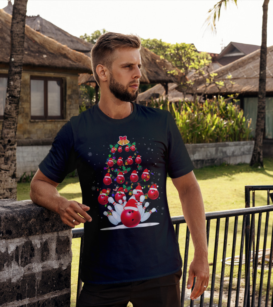 Bowling Ball Christmas Tree With Santa Hats And Snowflakes T-Shirt
