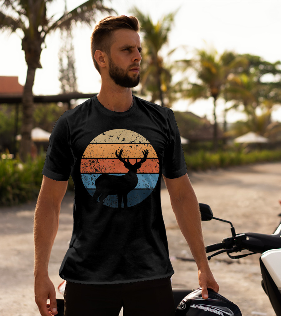 Deer Silhouette Retro Sunset With Flying Birds T-Shirt