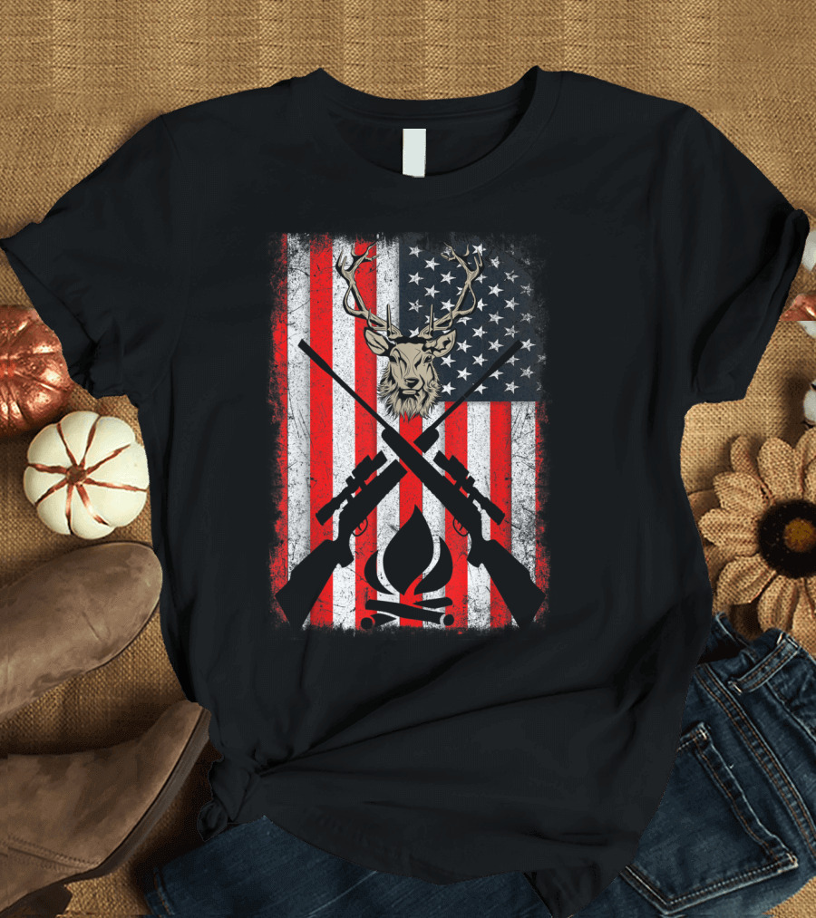 Patriotic Deer Hunting with American Flag and Rifles T-Shirt