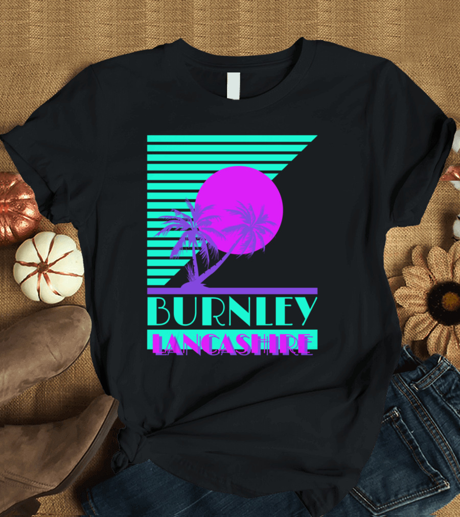 Burnley Lancashire 80s Style Retro Palm Trees and Sunset T-Shirt