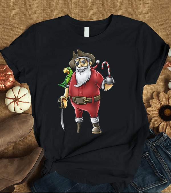 T-Shirt: Funny Christmas Pirate Santa with Candy Cane Hook Hand and Parrot T-Shirt Funny Christmas Pirate Santa with Candy Cane Hook Hand and Parrot T-Shirt