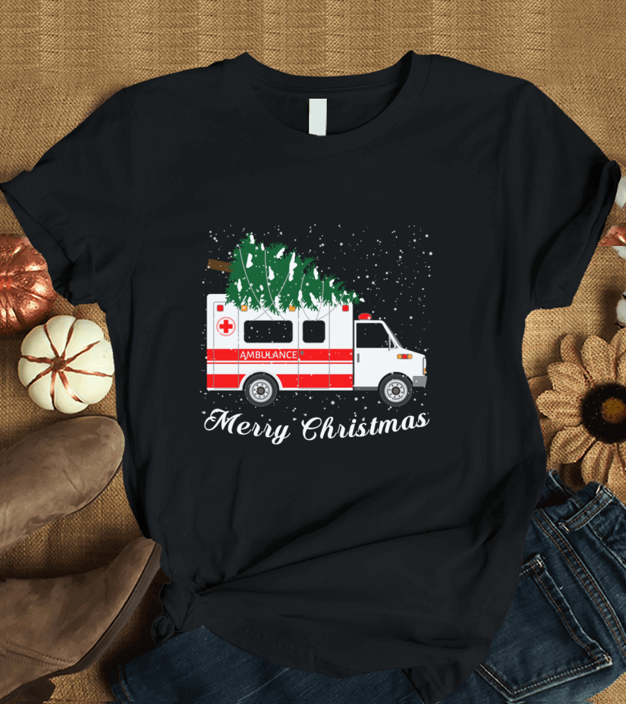 Merry Christmas Ambulance Carrying Christmas Tree in Snowfall T-Shirt
