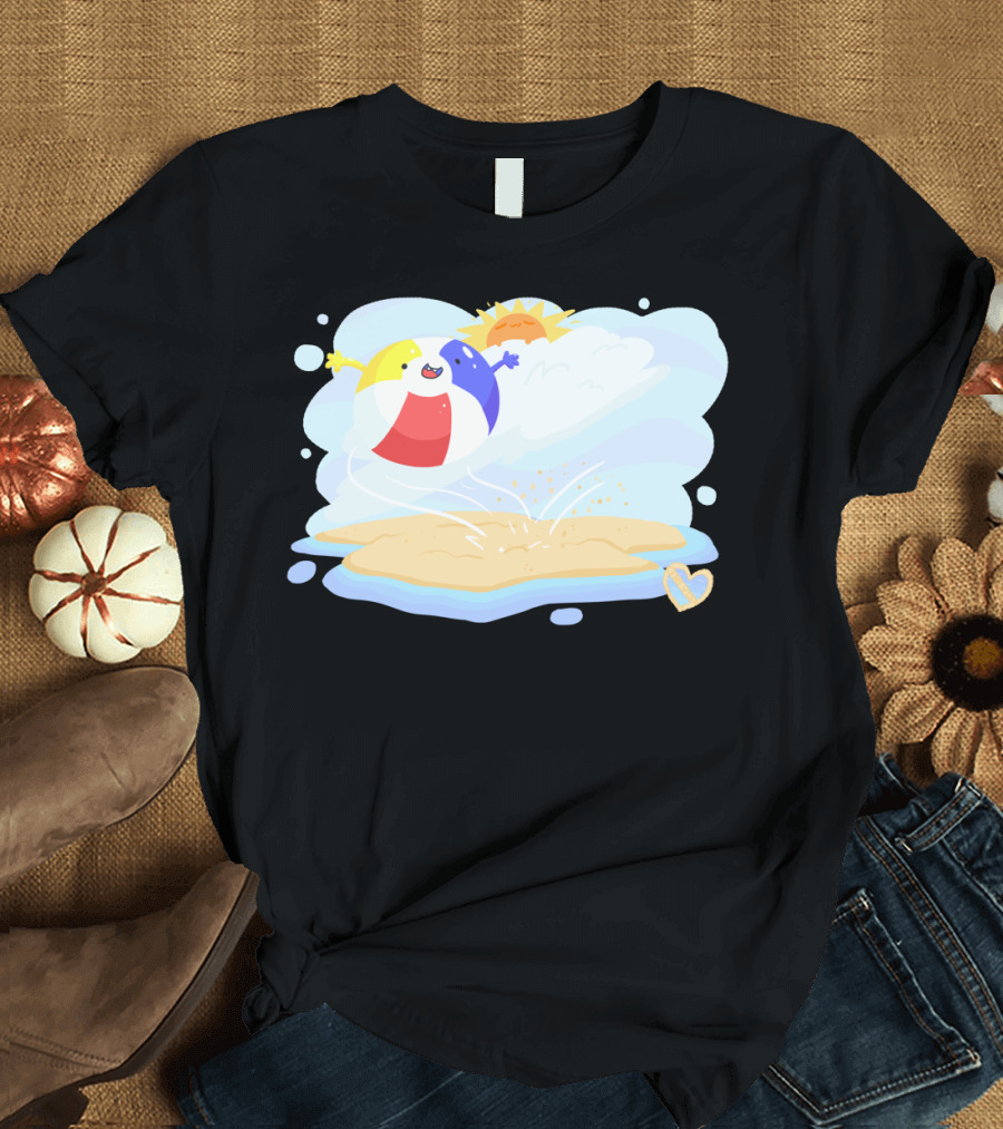 Cheerful Beach Ball and Sun Splashing on Sandy Island with Heart-Shaped Cloud T-Shirt