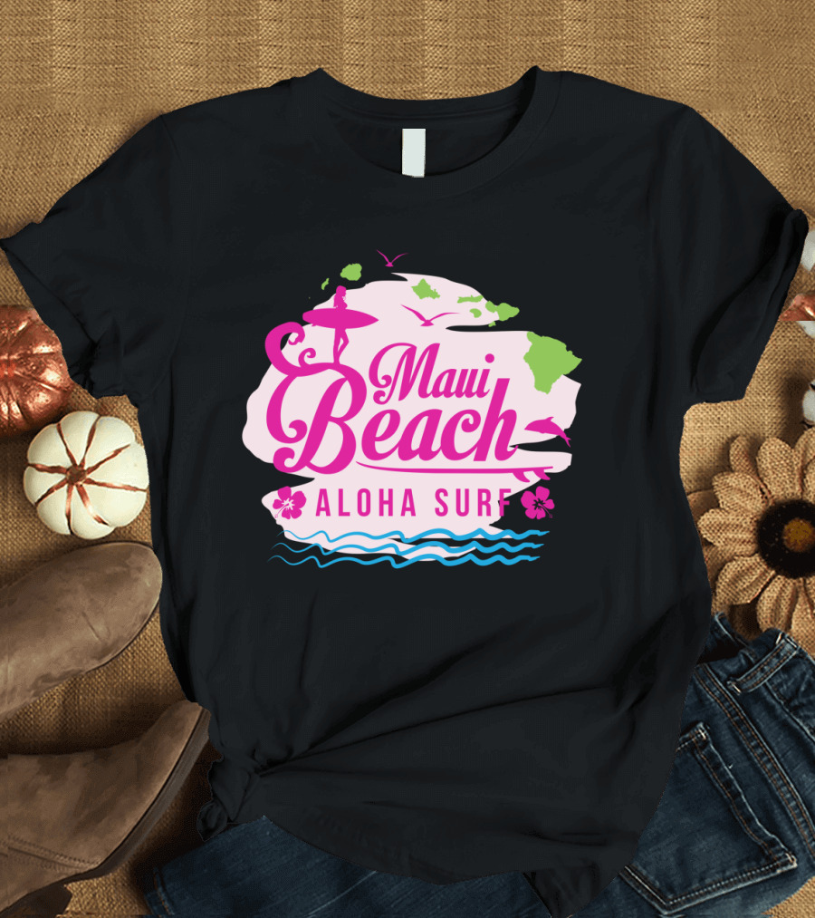 Maui Beach Aloha Surf Island Map with Surfer and Waves T-Shirt