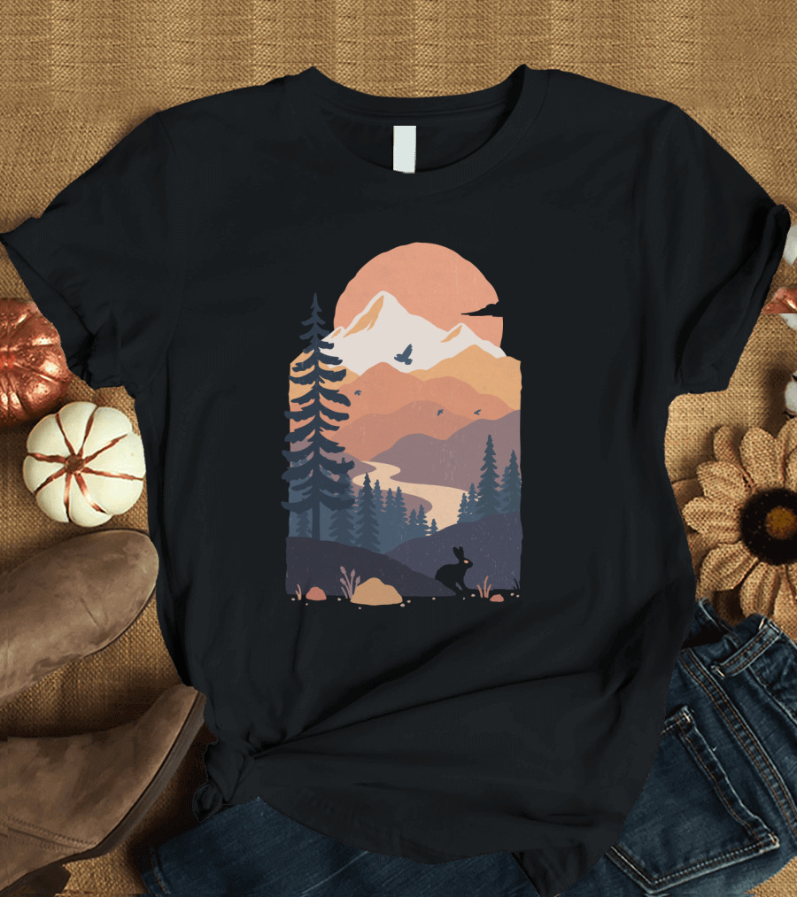 Majestic Mountain Vista at Sunset with Soaring Birds and Serene Forest T-Shirt