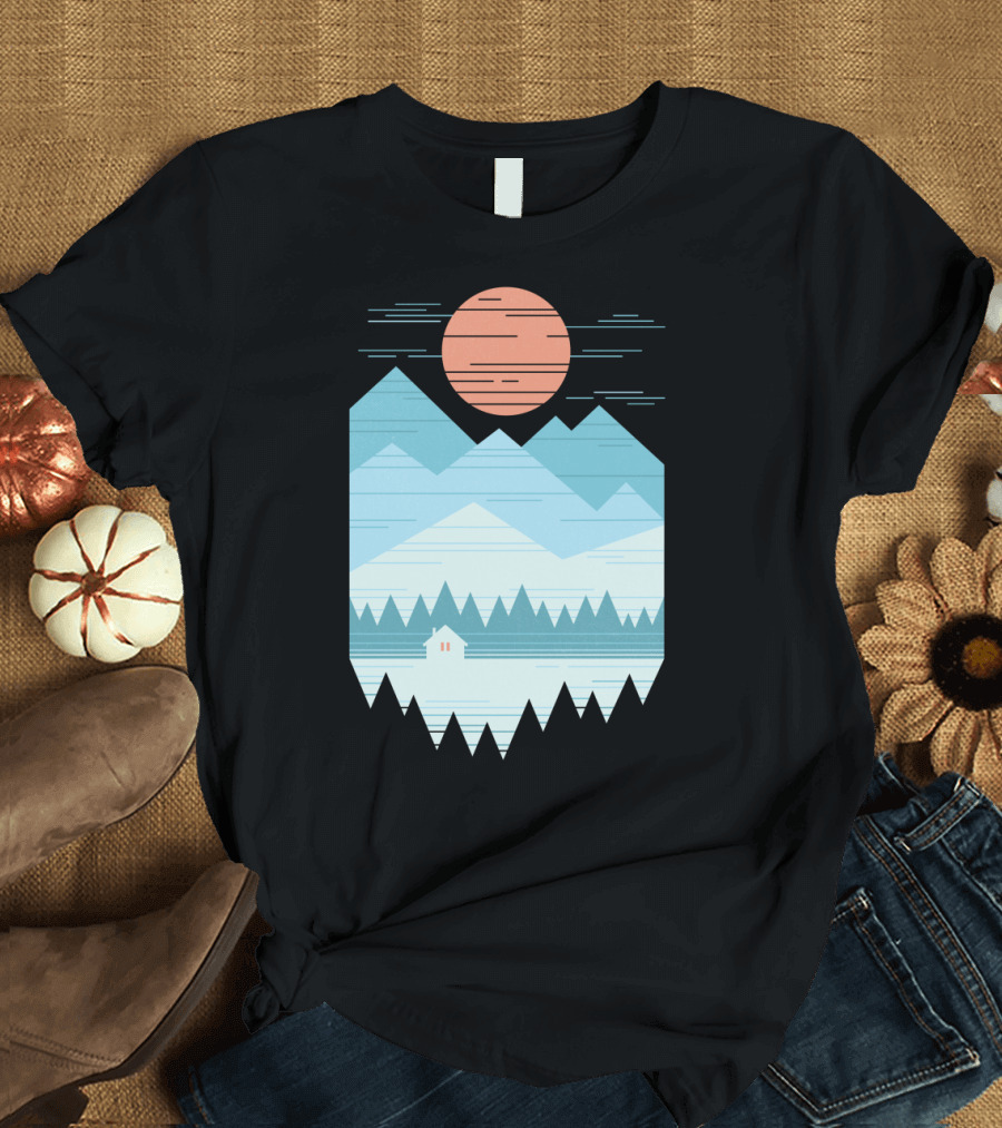 Cabin in the Snow with Geometric Mountains and Red Sun T-Shirt