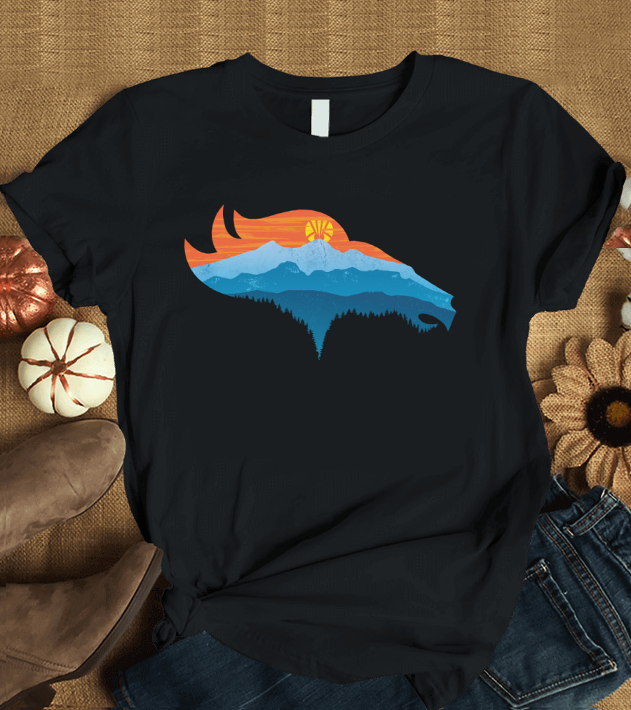Bronco Country Mountain Landscape with Sunset in Horse Head Shape T-Shirt