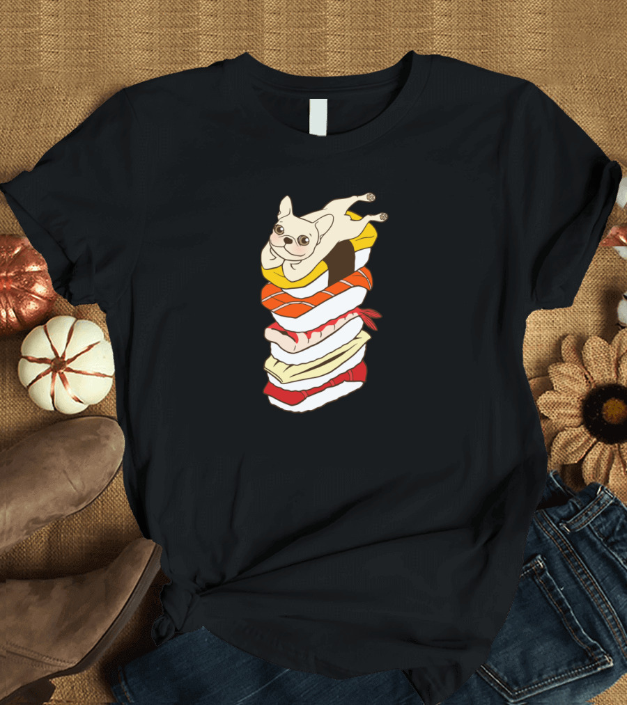 Cute French Bulldog Relaxing on a Stack of Japanese Sushi Rolls T-Shirt
