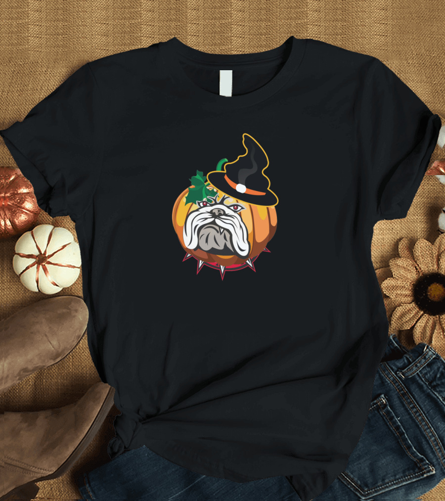 Bulldog Pumpkin Wearing Witch Hat Halloween T-Shirt