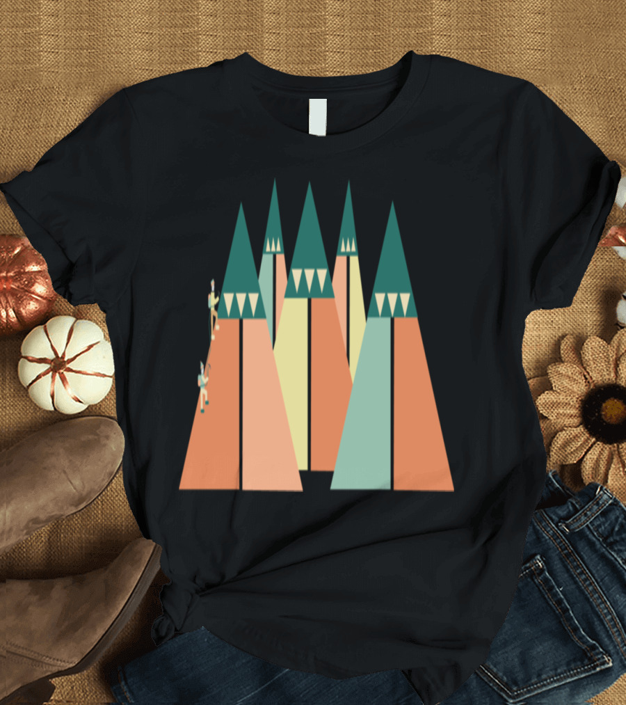 Geometric Mountain Adventure with Climbers in a Vibrant Triangle Landscape T-Shirt