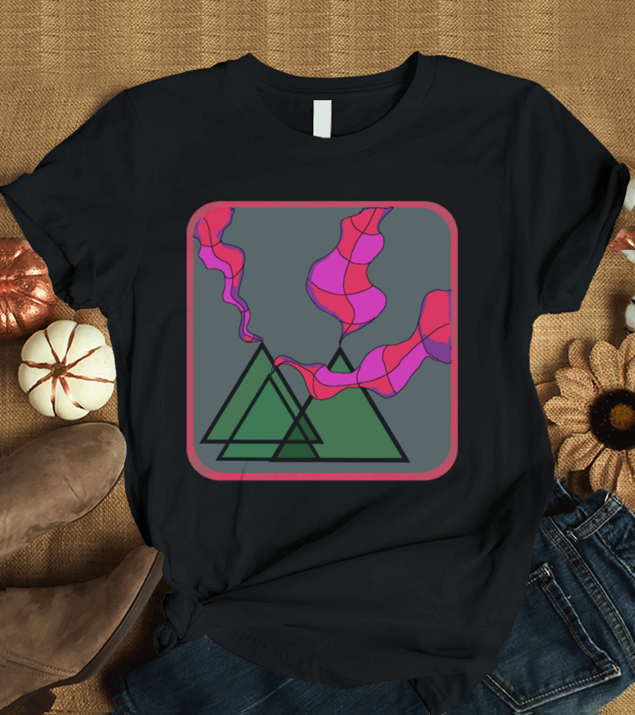 Abstract Colorful Smoke Over Geometric Green Mountain Shapes T-Shirt