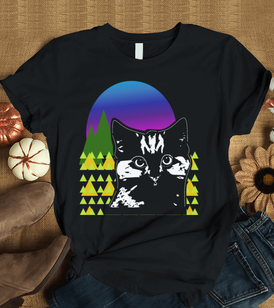 Cat Silhouette with Geometric Mountain Sunset T-Shirt