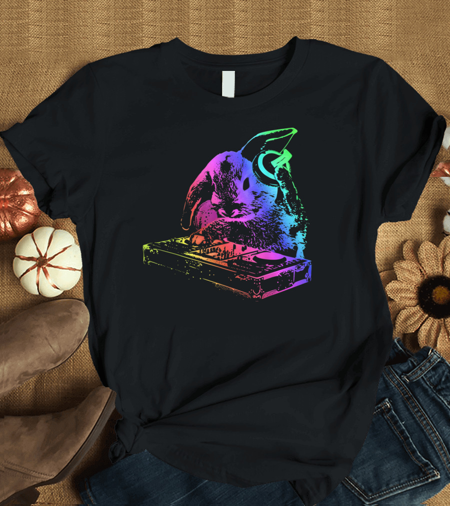 Rainbow DJ Rabbit with Headphones and Mixer T-Shirt