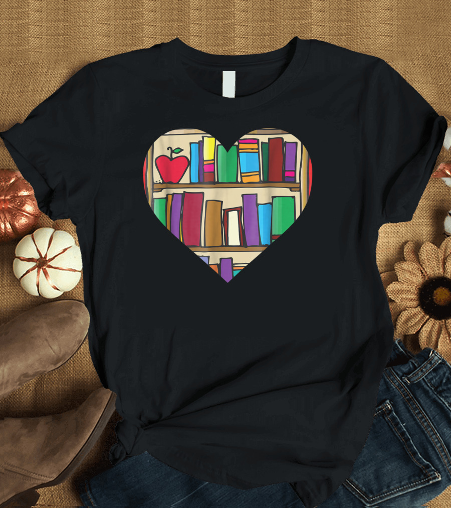 I Love Books Heart Bookshelf Apple Reading Club Librarian T-Shirt