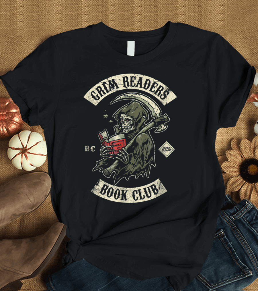 Grim Readers Book Club Quiet Please BC with Grim Reaper and Scythe T-Shirt