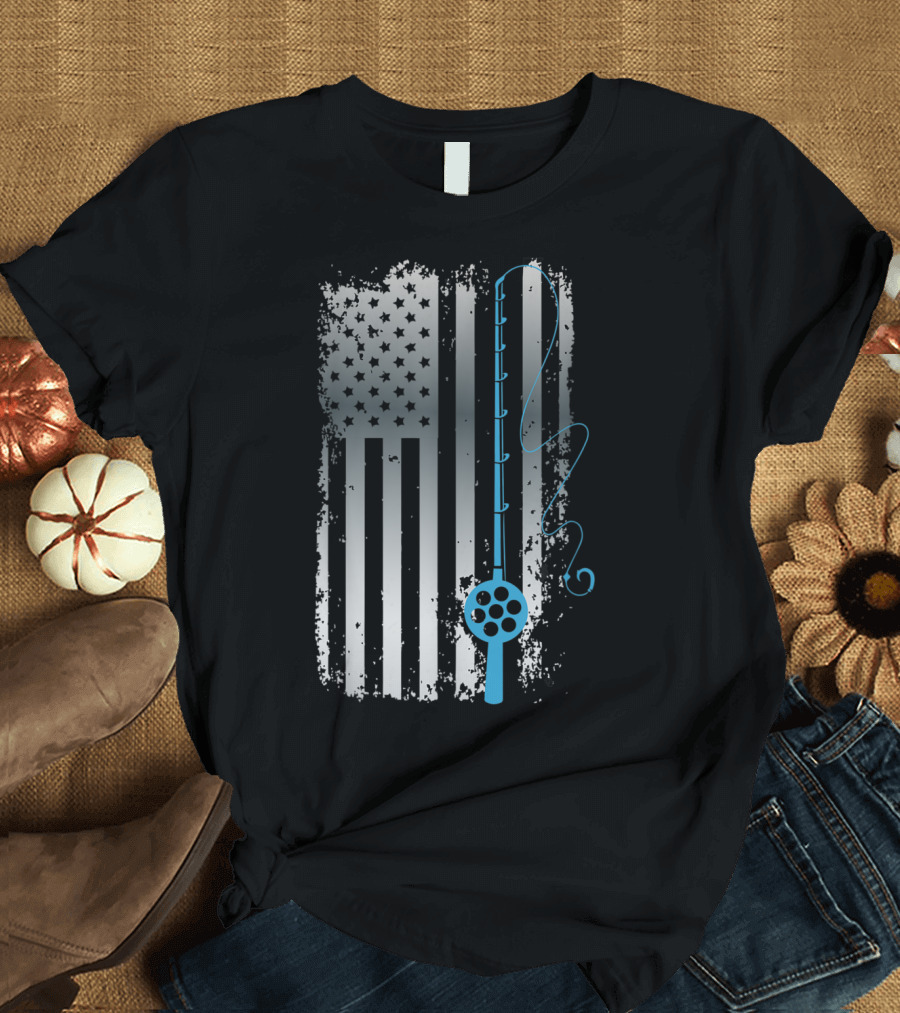 American Flag Vintage Fly Fishing Rod T-Shirt