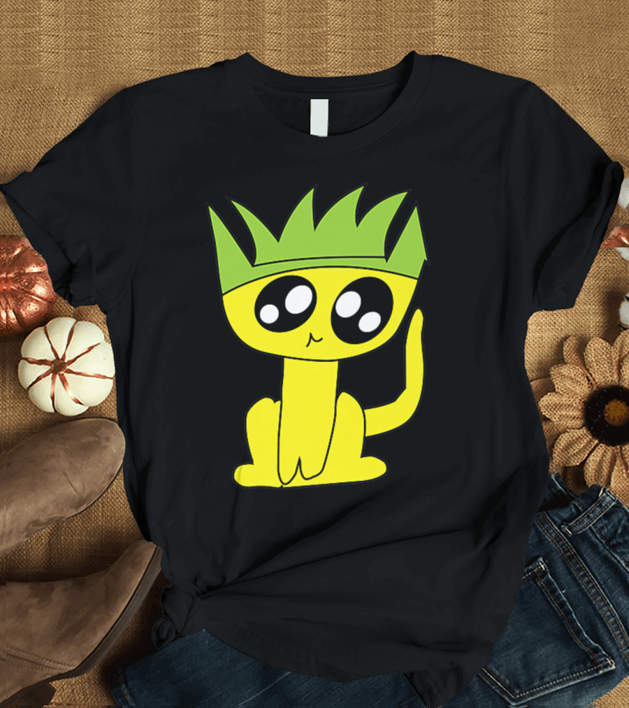 Mr. Pineapple Cat Cute Yellow Cartoon Feline with Spiky Green Crown T-Shirt