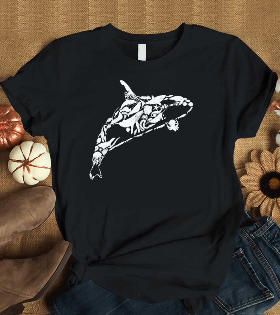 Orca Whale Composed of Ocean Creatures Including Jellyfish, Octopus, and Starfish T-Shirt