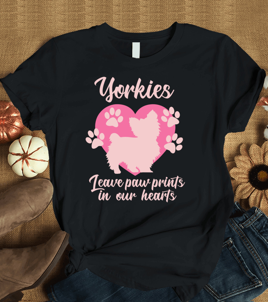 Yorkies Leave Paw Prints in Our Hearts Pink Heart and Paw T-Shirt